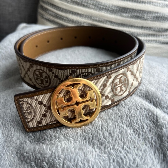Tory Burch Brown Monogram Belt with Gold Buckle